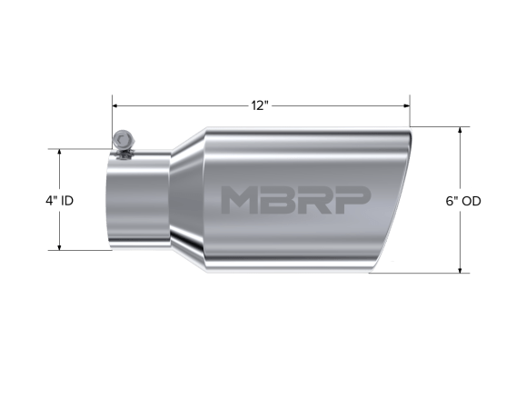 Exhaust Tail Pipe Tip 6 Inch O.D. Angled Rolled End 4 Inch Inlet 12 Inch Length T304 Stainless St...